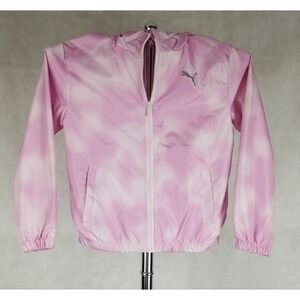 Puma Jacket Girls Size Medium Hooded Full Zip Light Windbreaker Pink NEW